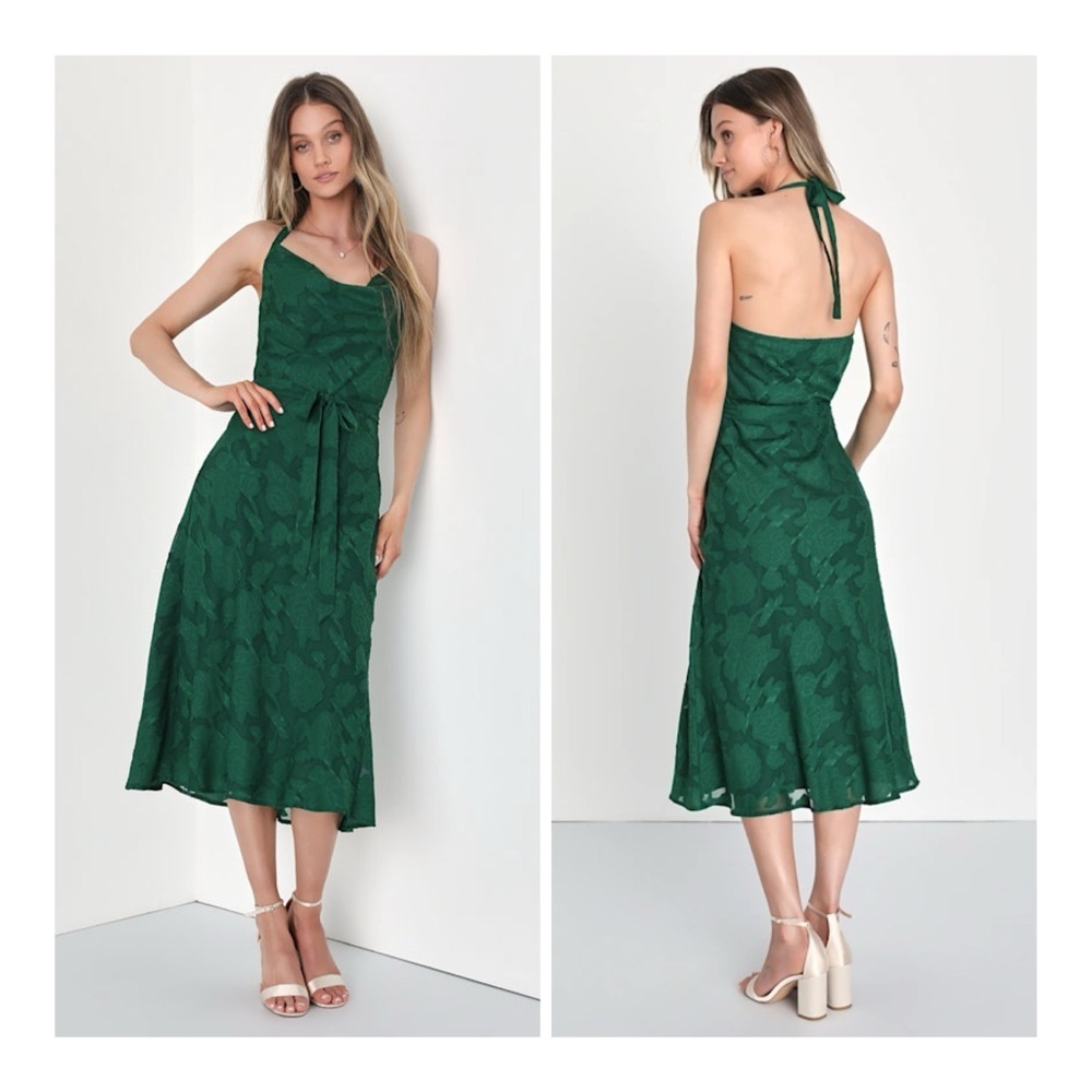 NEW Lulus Small Graceful Charm Emerald Burnout Floral‎ Jacquard Halter Dress